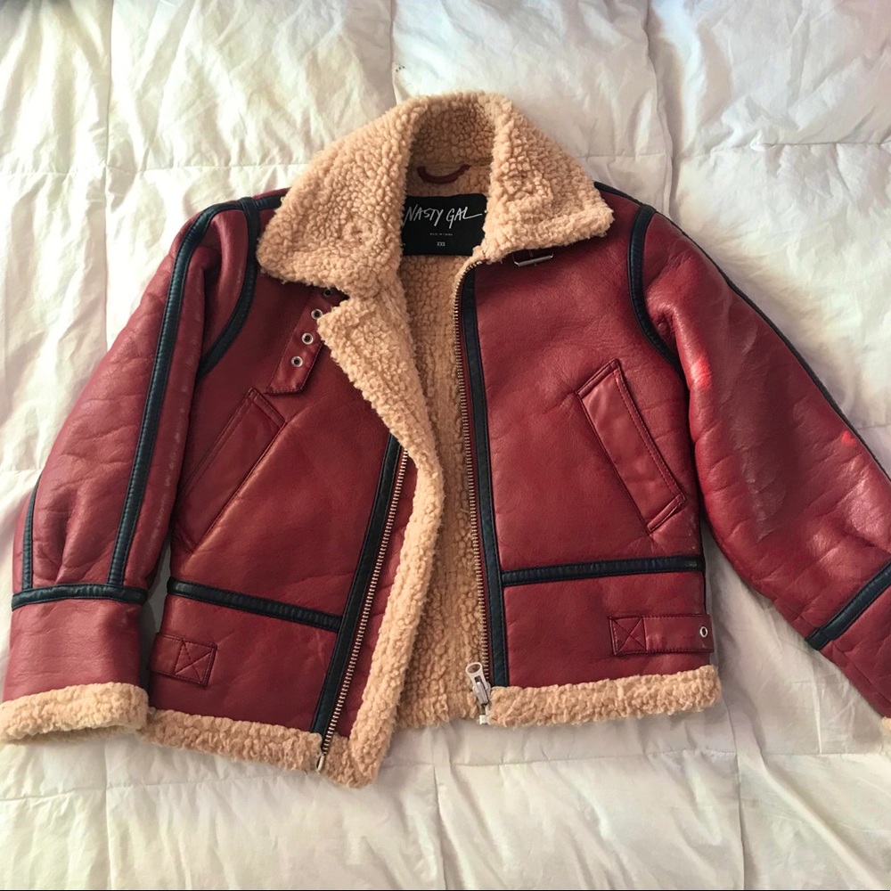Nasty Gal moto jacket Red Leather with Sherpa lining